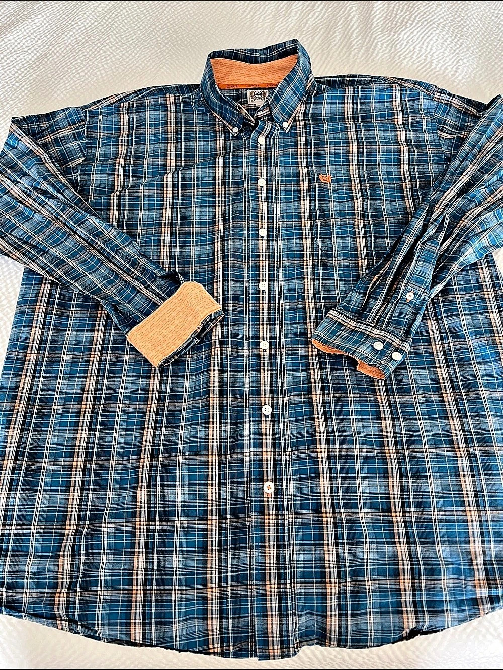 Cinch Plaid Button Down Shirt Blue & Orange XL